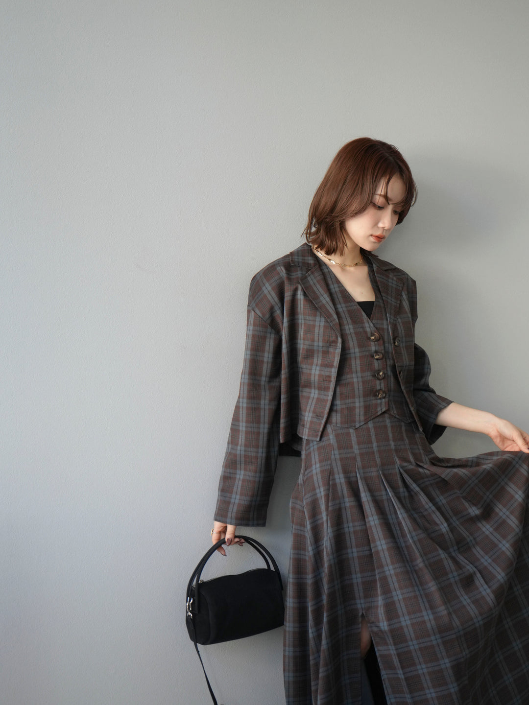 [SET]チェック柄ショートジャケット+チェック柄ベスト+チェック柄タックフレアスカート(3set)