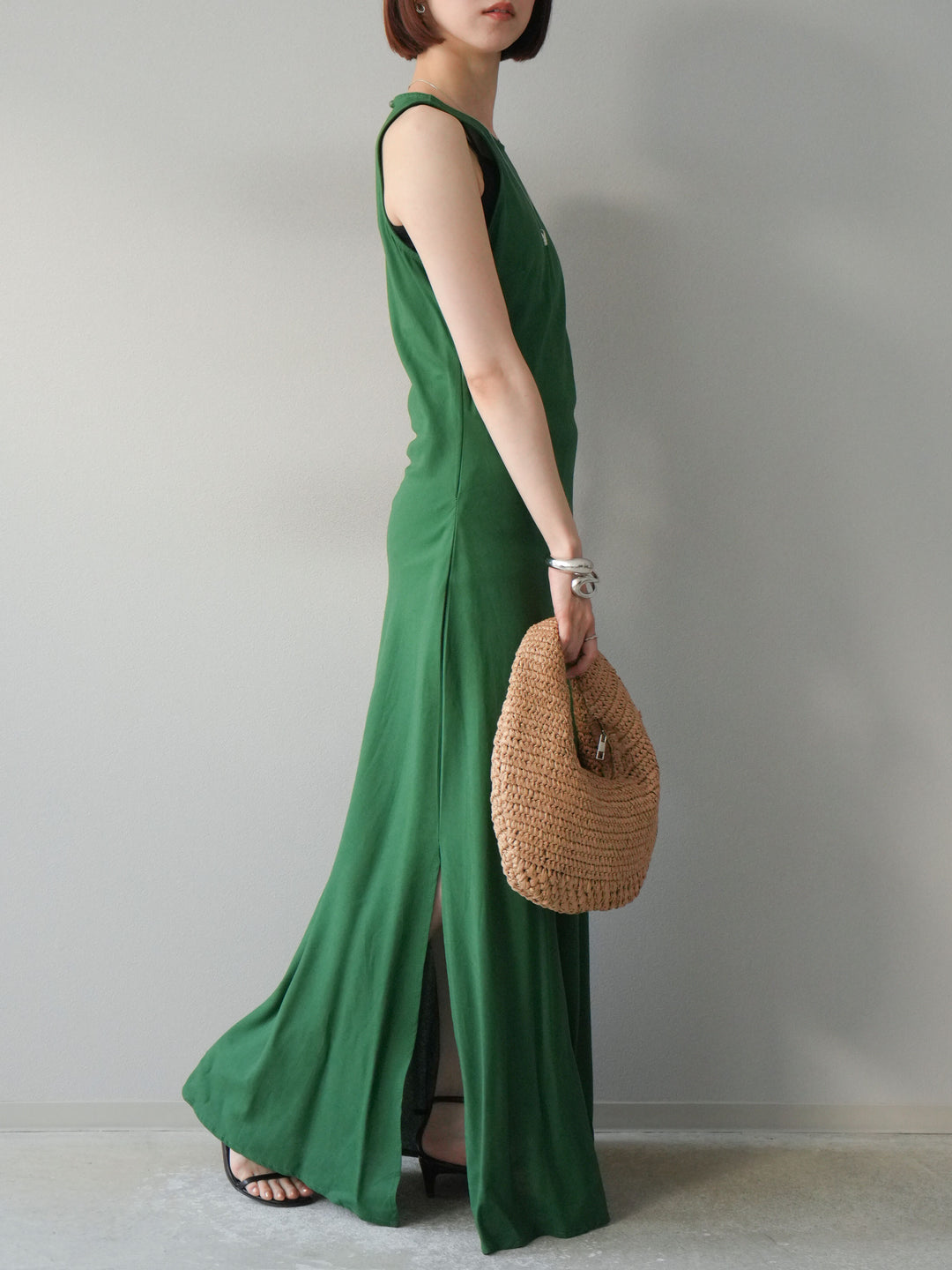 [予約]リネンタッチノースリーブワンピース/グリーン