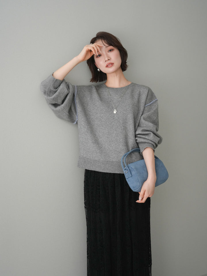 [予約]バックロゴ刺繍配色ステッチニットプルオーバー/gray