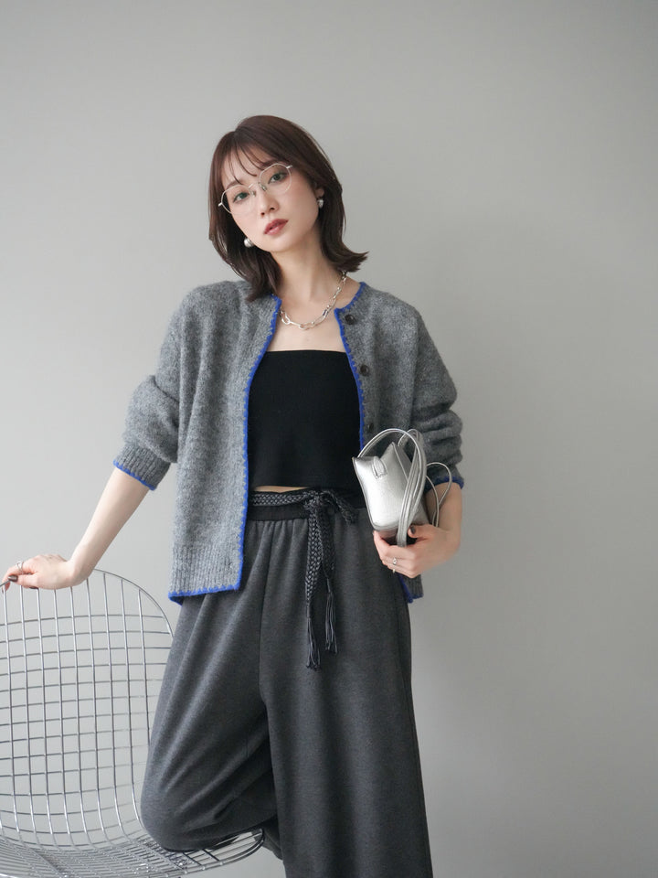 [SET]三角ステッチニットカーディガン+編み込みベルト付きウエスト配色スエットパンツ(2set)