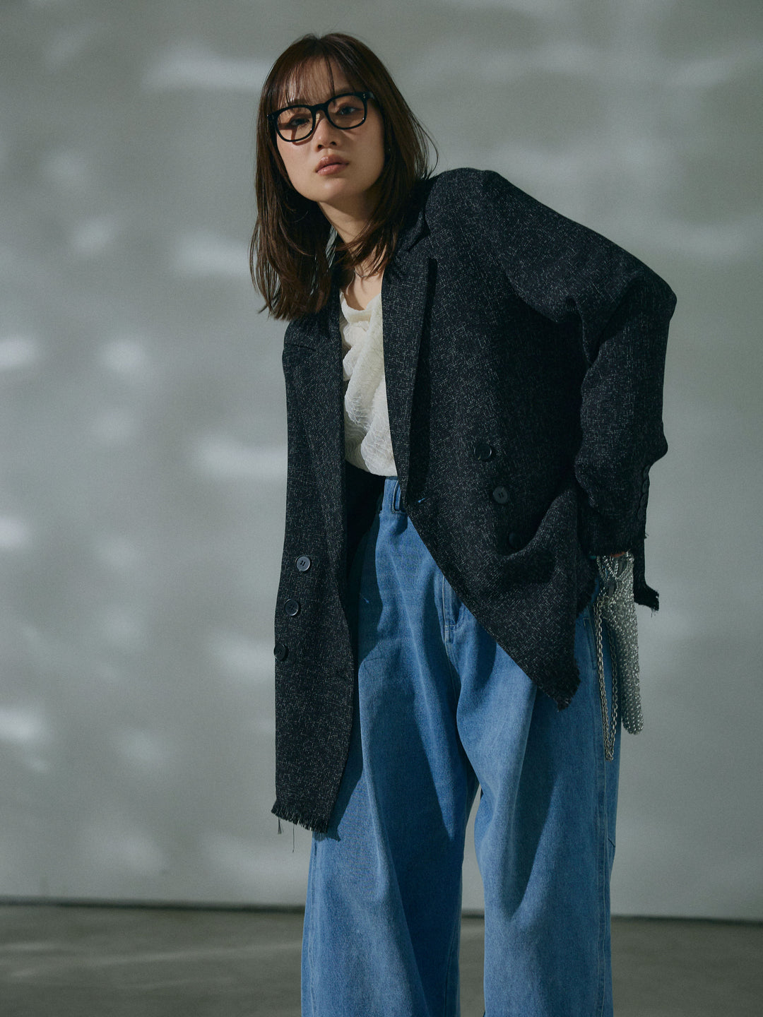 【Allure】[SET]スラブツイードフリンジテーラージャケット+ハイウエストベルトループデザインデニムパンツ(2set)