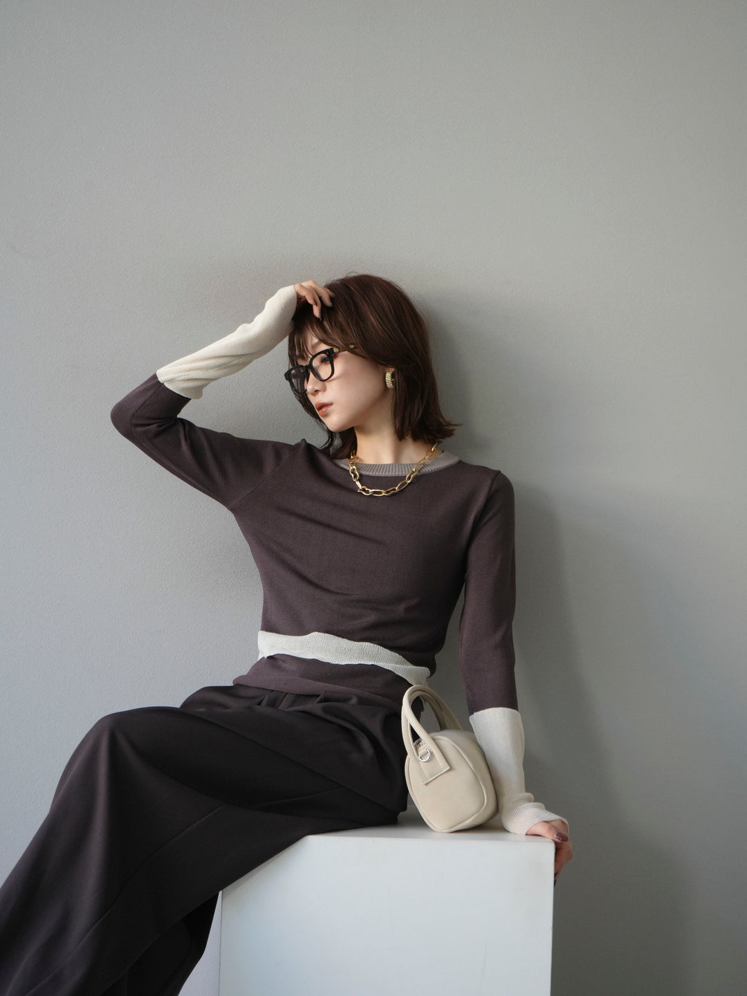 [予約]異素材配色デザインニットトップス/ブラウン