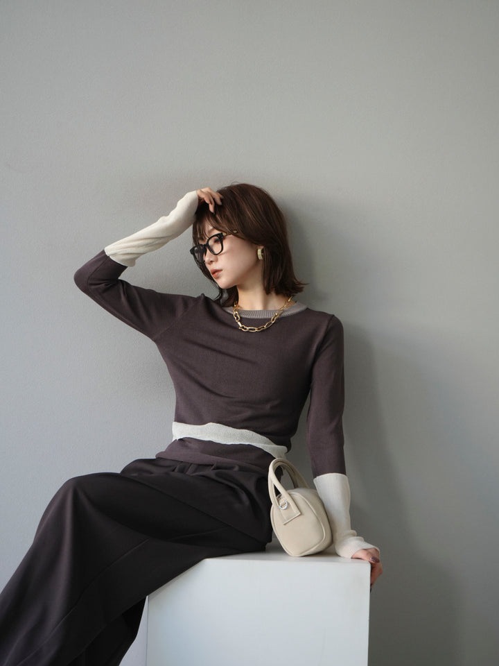 [予約]異素材配色デザインニットトップス/ブラウン