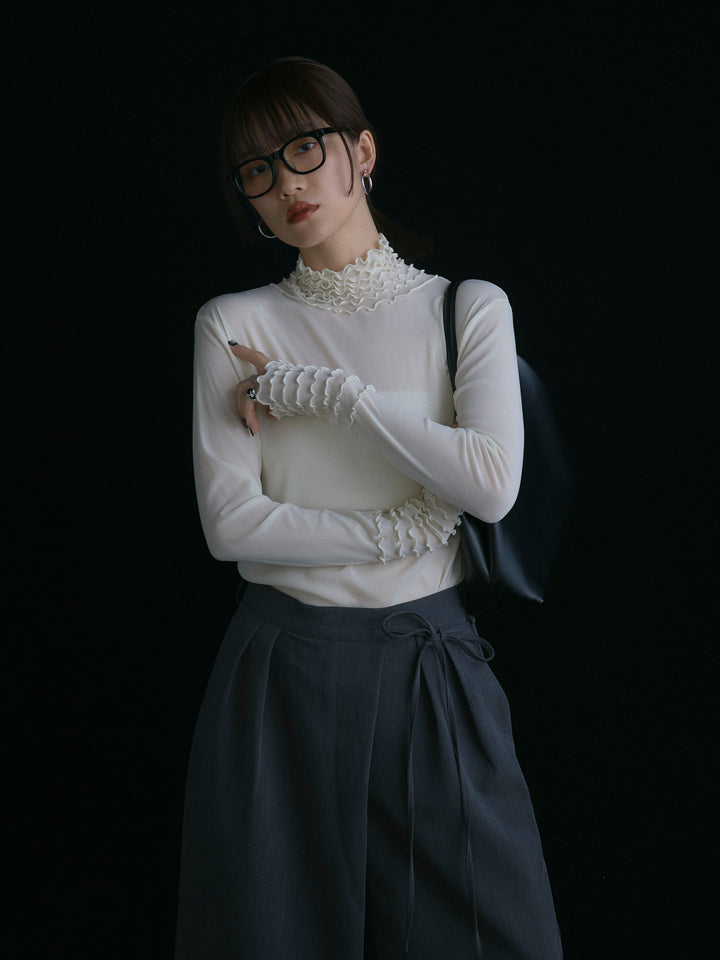 【Allure】[SET]シアーフリルメロートップス+ラップデザインタックワイドパンツ(2set)