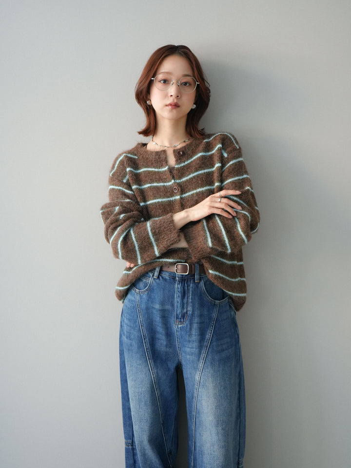 [予約]ボーダーシャギーニットカーディガン/brown