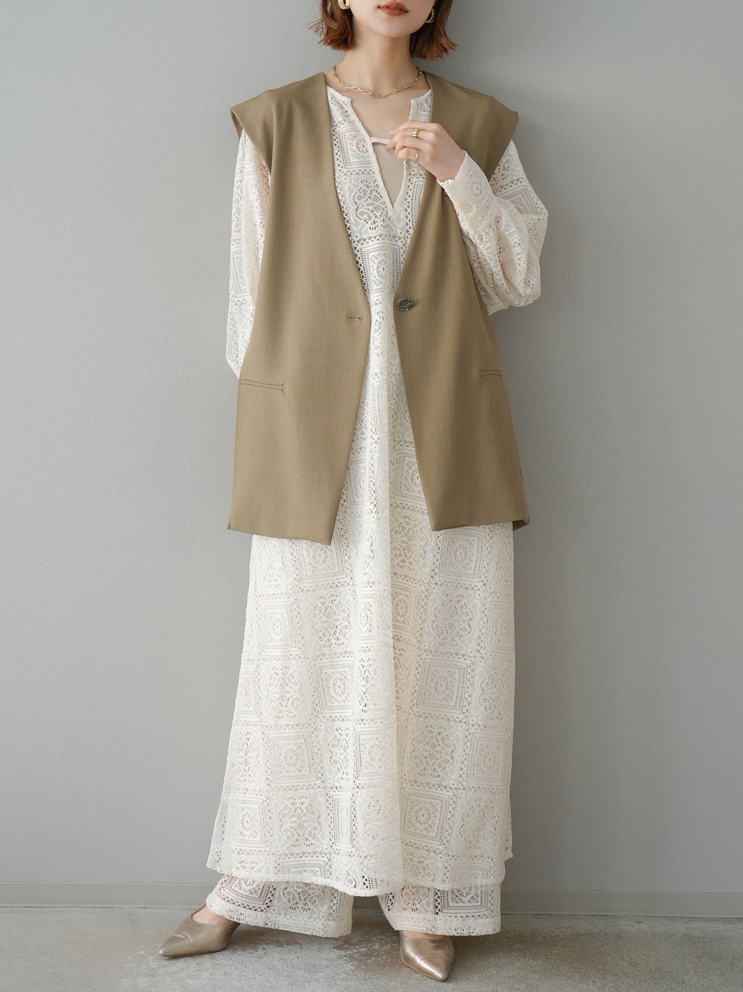 [予約]ブロックレースワイドパンツ/アイボリー