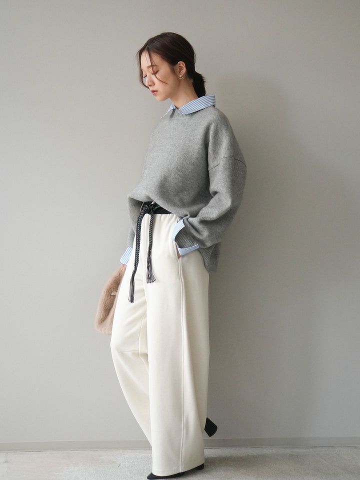 [SET]2WAYストライプ襟ニットプルオーバー+編み込みベルト付きウエスト配色スエットパンツ(2set)