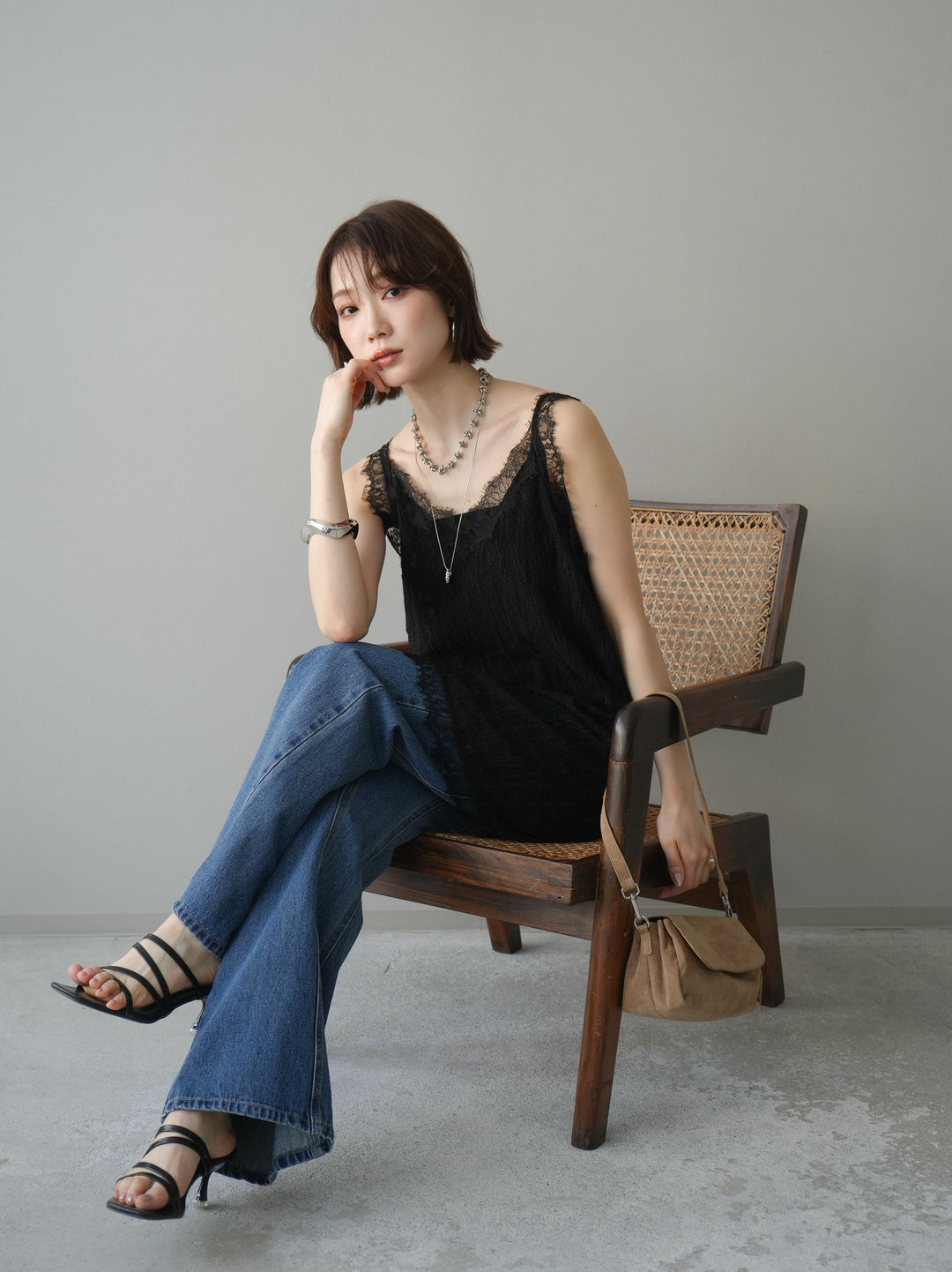 [予約]レース切替ジャガードニットロングキャミソール/black