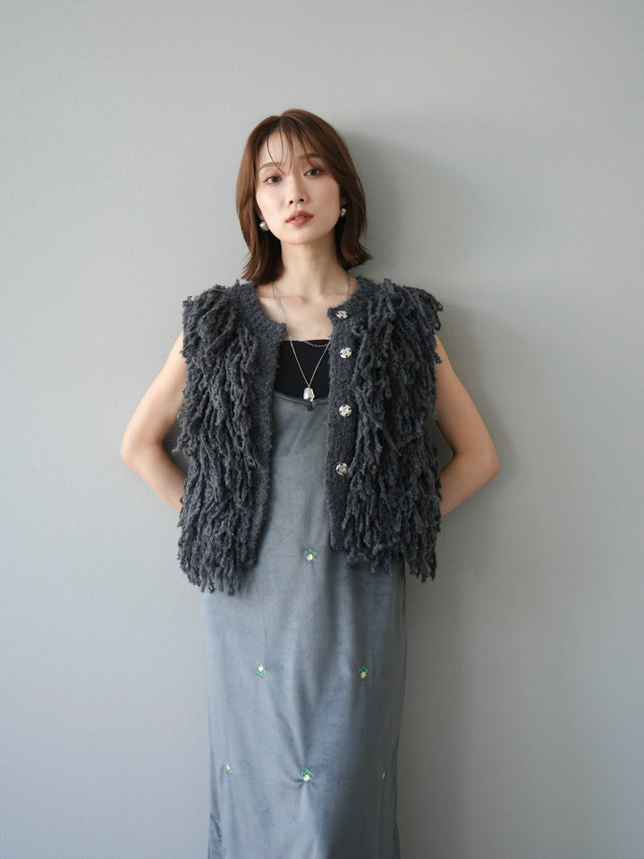 [予約]フラワー刺繍ベロアキャミワンピース/グレー