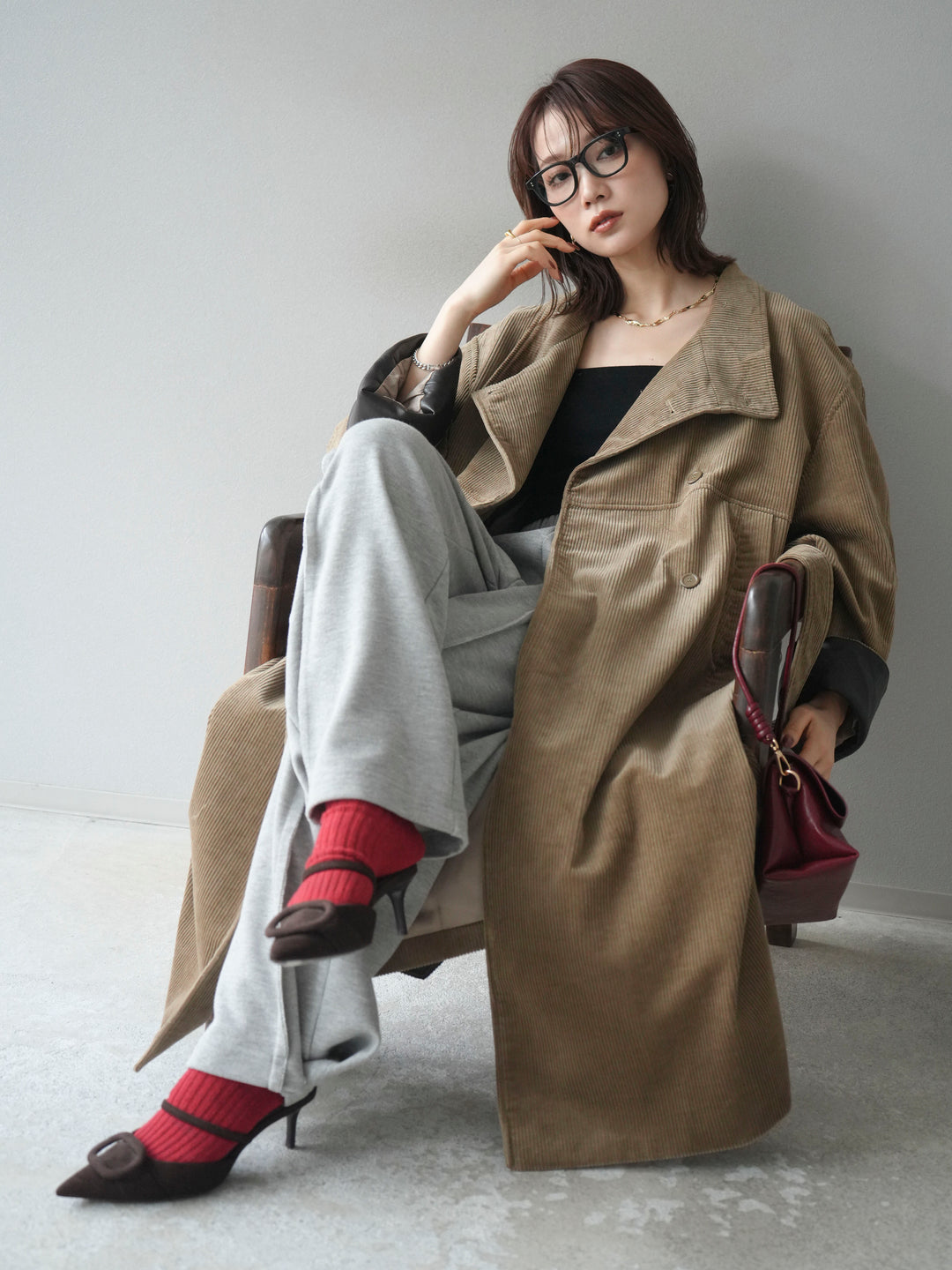 [予約]コーデュロイ折り返しレザーロングコート/beige