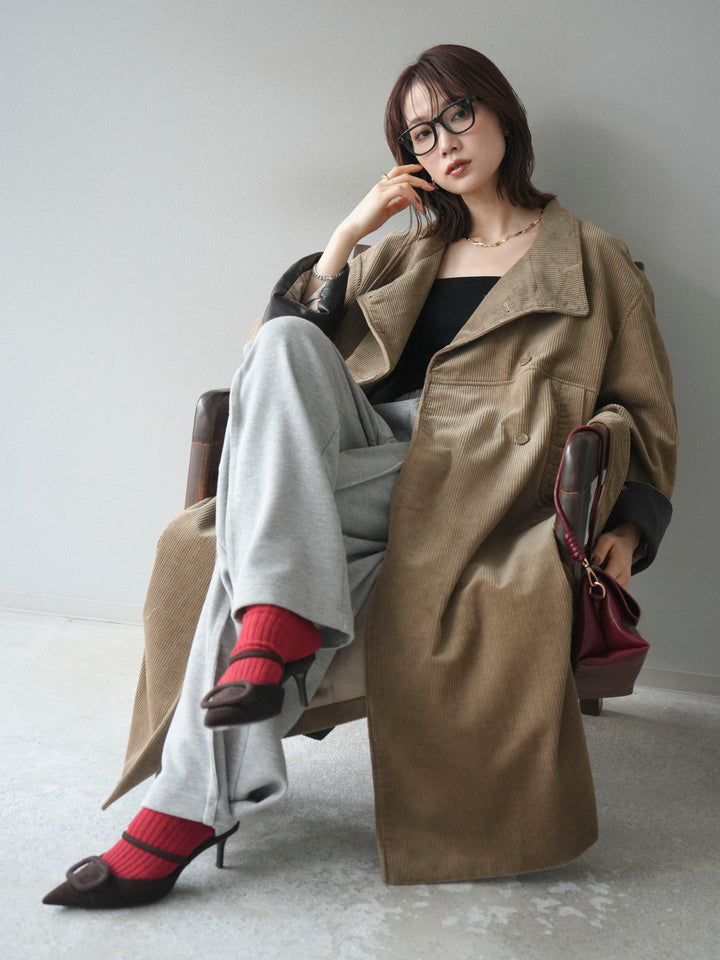 [予約]コーデュロイ折り返しレザーロングコート/beige