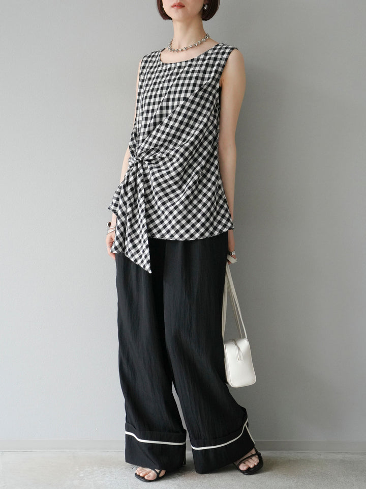 [SET] 前裹式無袖上衣+麻質下擺回型寬褲（2件組）