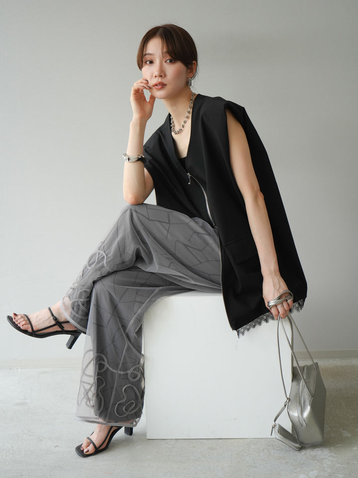 [預購] 雙拉鍊蕾絲下擺背心/黑色