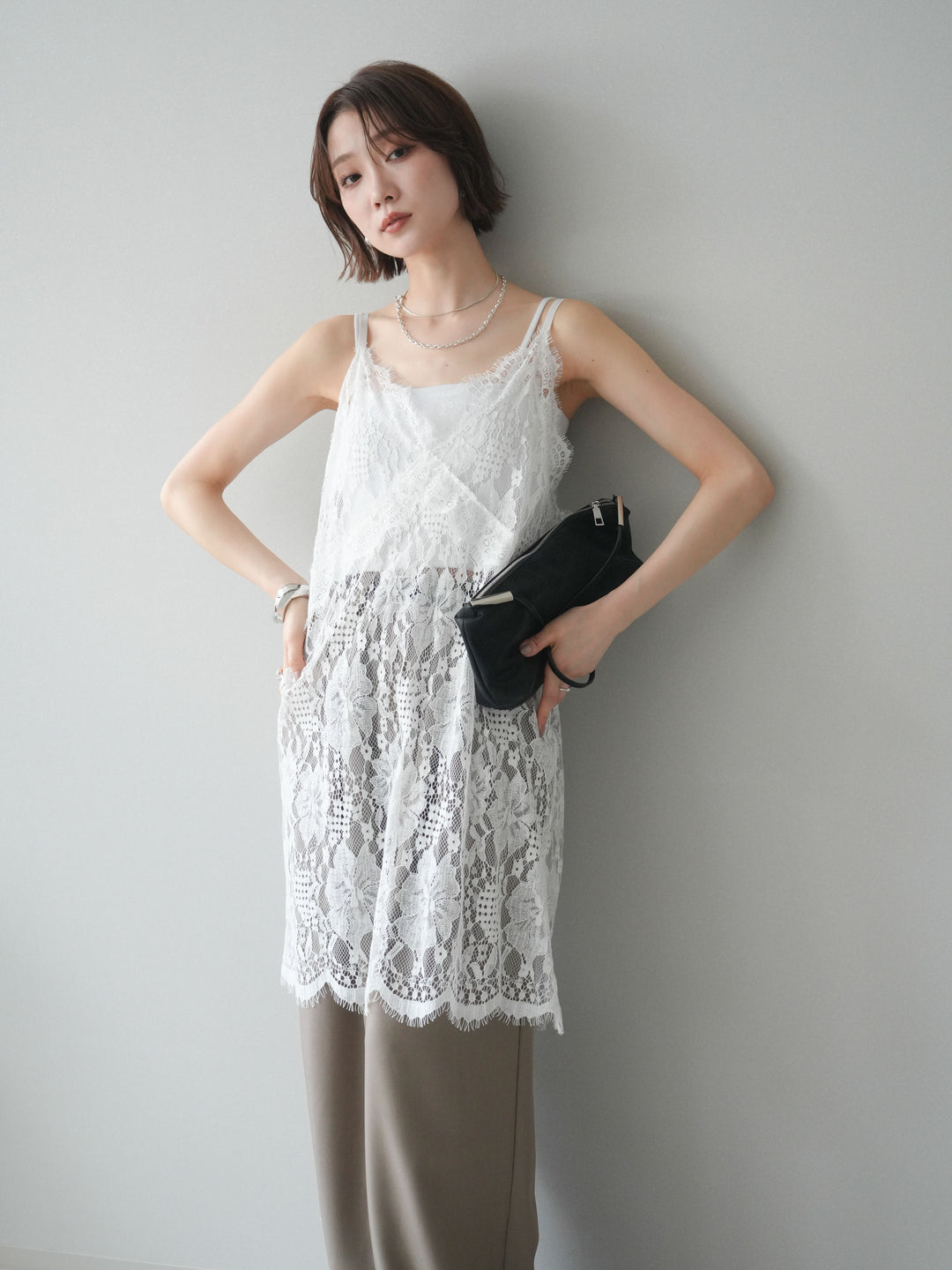 [SET]総レースチュニックキャミソール+ベルト付キーホルダーモチーフワイドパンツ(2set)