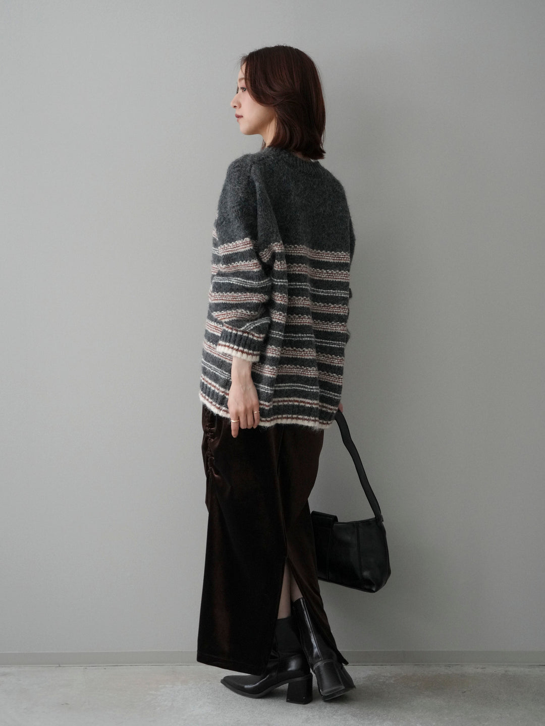 [SET]ステッチボーダーニットプルオーバー+ギャザーベロアスカート(2set)