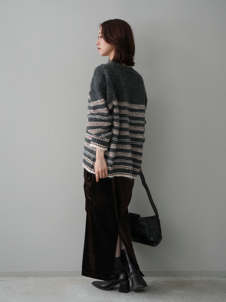 [SET]ステッチボーダーニットプルオーバー+ギャザーベロアスカート(2set)