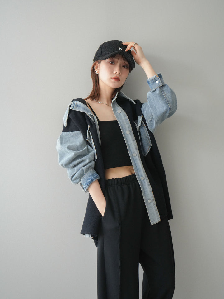 [SET]デニム襟ダブルフェイスニットカーディガン+2WAYデザインスウェットパンツ(2set)