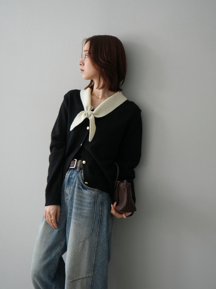 [SET]デザイン襟ニットカーディガン+ベルト付カーブデニムパンツ(2set)