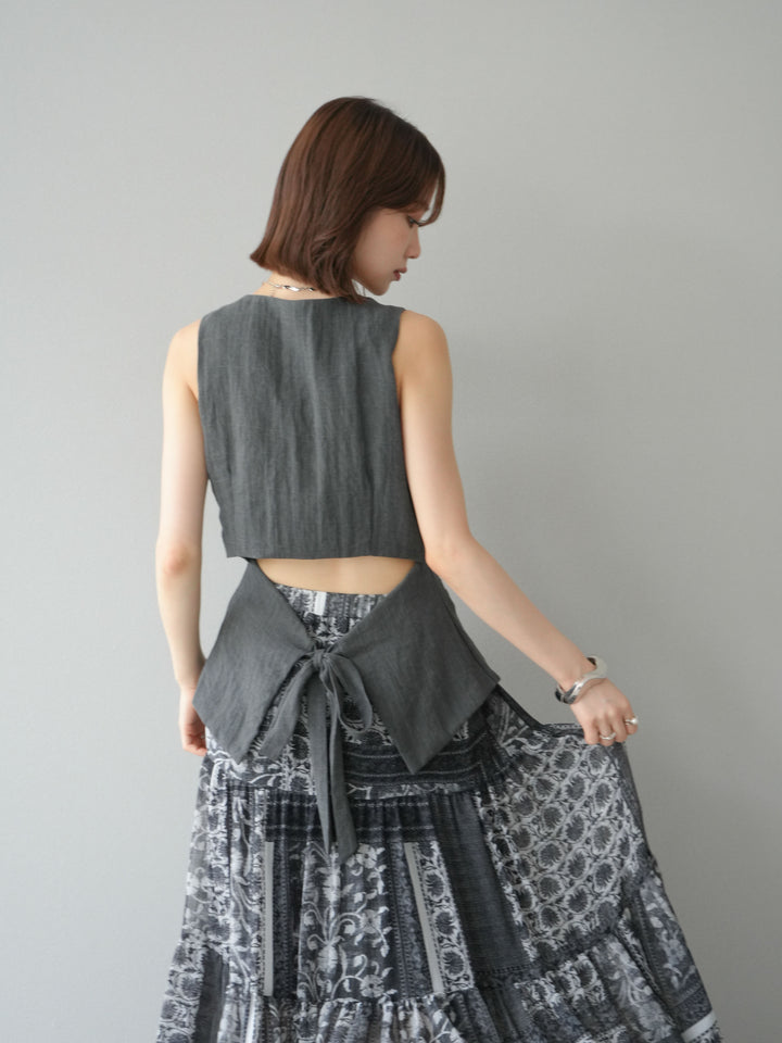 [SET]リネンタッチバックオープンベスト＆ニュアンス柄マキシスカートSET UP(2set)