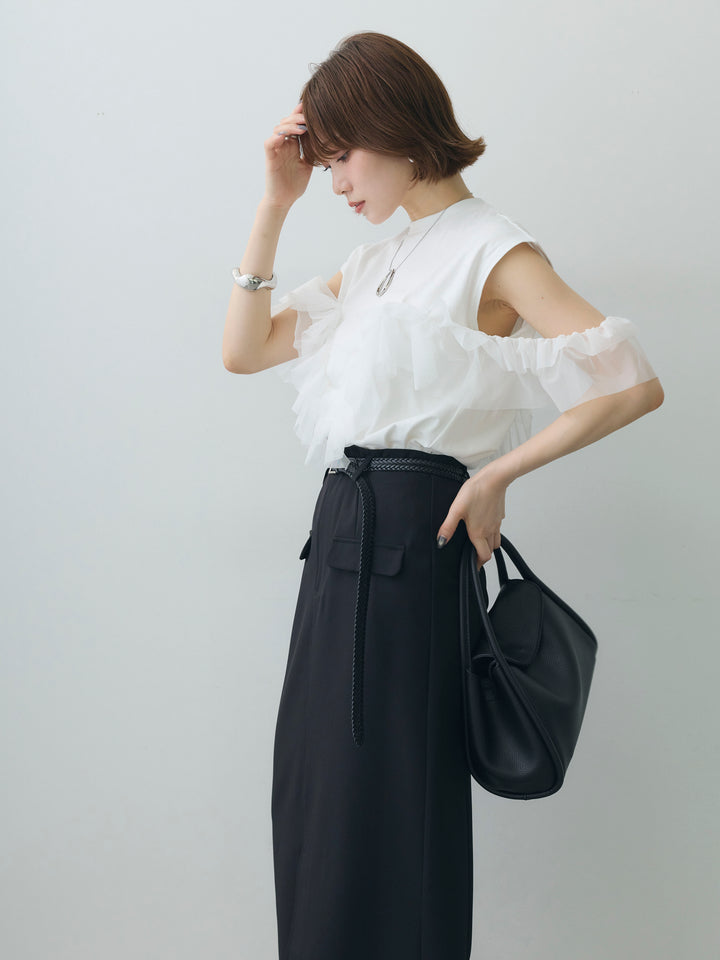 [SET]マルチwayフリルフレンチTEE+クレープデシンフラップ付きストレートスカート(2set)