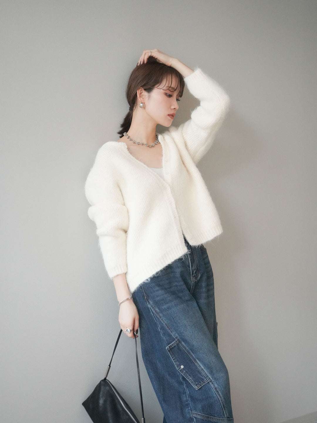 [予約]キーネックシャギーニットカーディガン/ivory