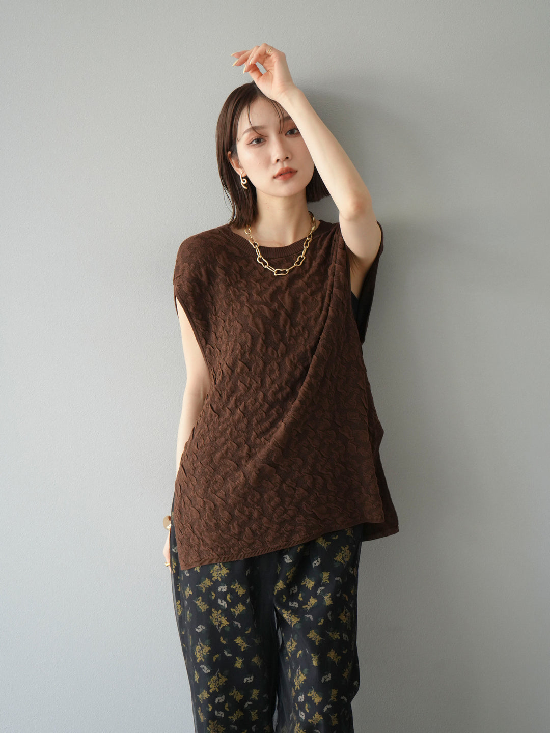 [SET]ポコポコノースリーブニットプルオーバー+コード刺繍チュールレイヤードパンツ(2set)