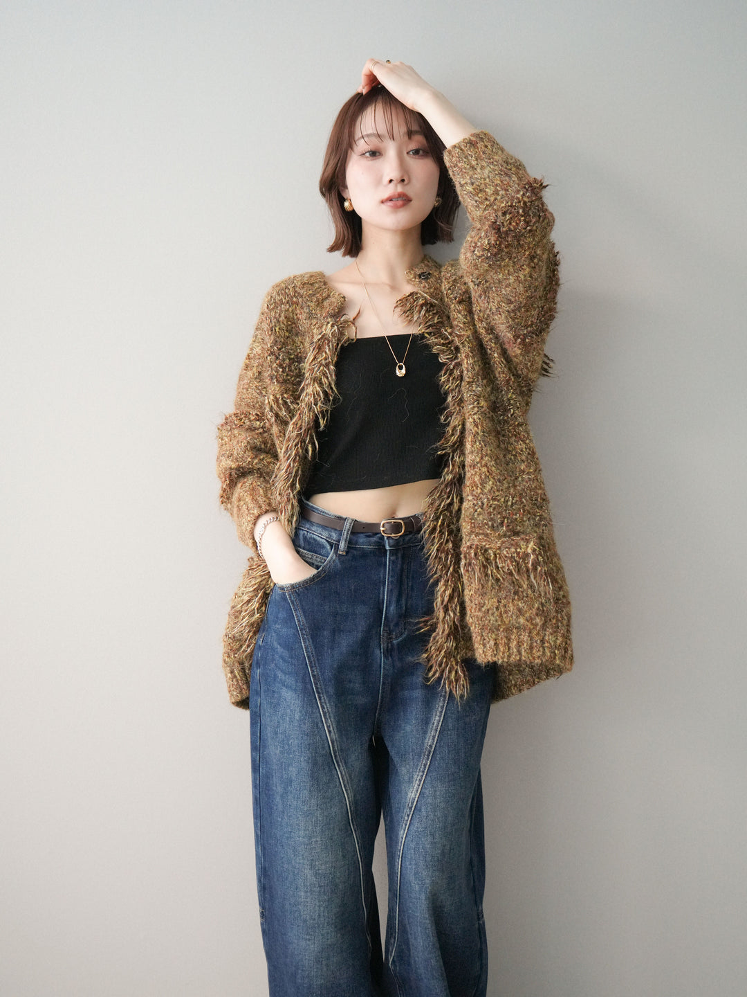 [SET]ミックスヤーンフリンジデザインニットジャケット+裏起毛加工デニムカーブパンツ(2set)