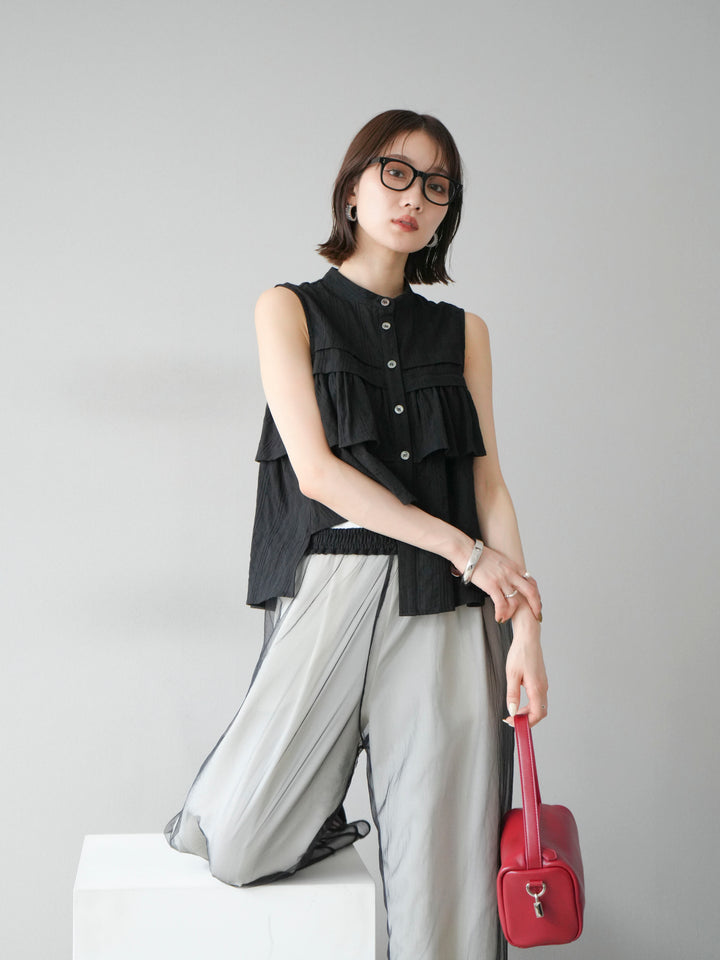 [SET]ドビーストライプアシンメトリーフリルノースリブラウス+コード刺繍チュールレイヤードパンツ+リネンライクイージーワイドパンツ(3set)