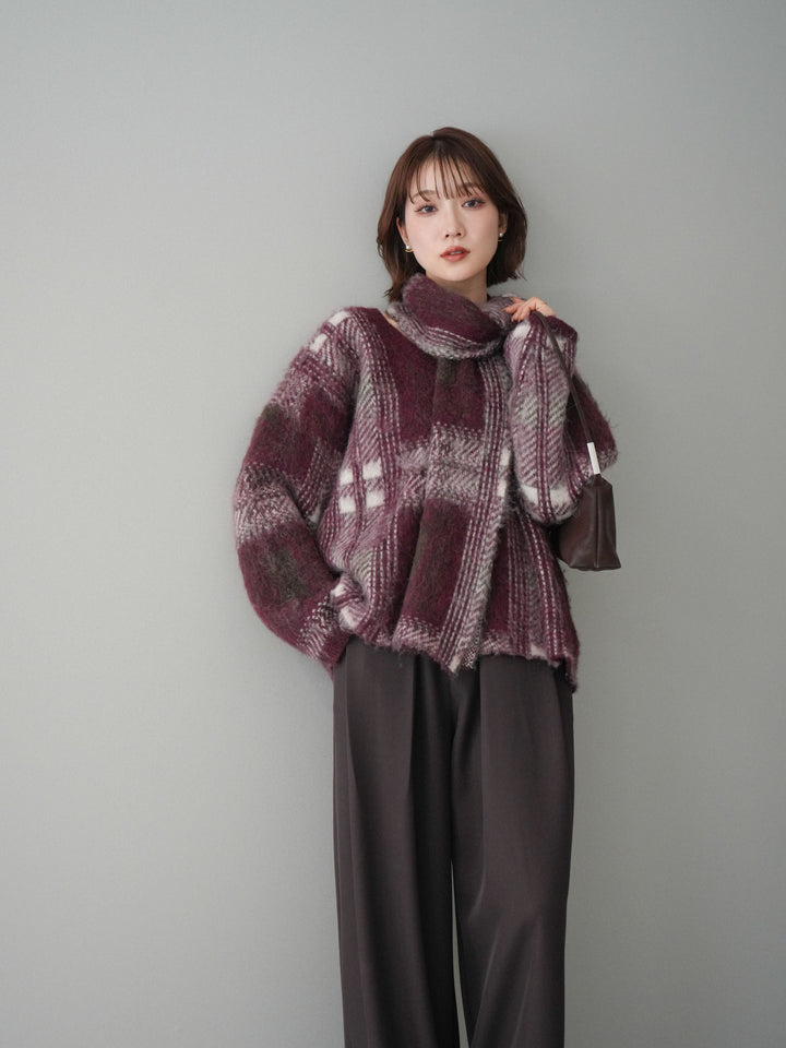 [SET]ストール付シャギーチェックニットプルオーバー+ベルトループデザインワイドパンツ(2set)