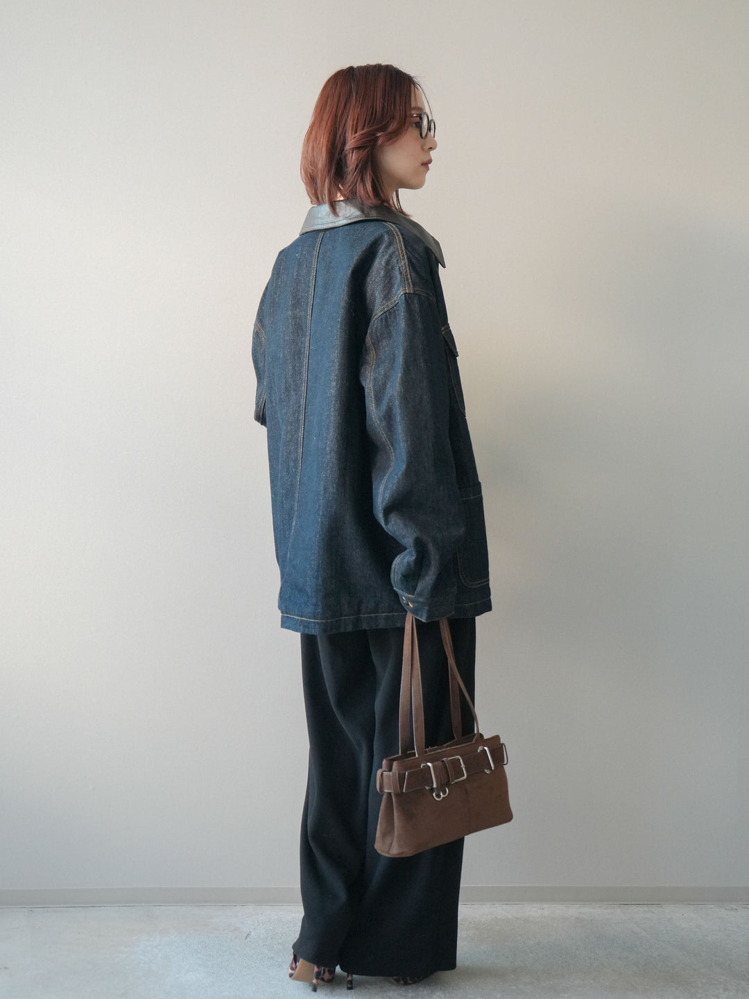 [SET]裏地ファーデニムフライトジャケット+編み込みベルト付きウエスト配色スエットパンツ(2set)