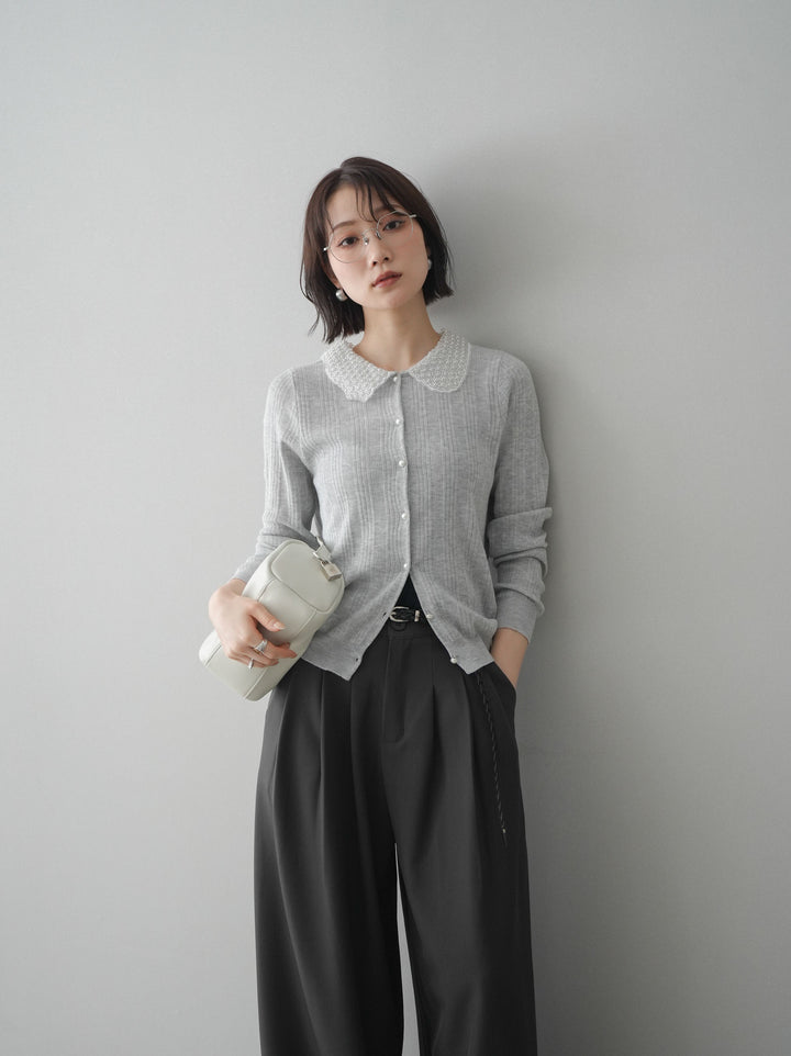 [SET]ビジュー襟パールボタンニットカーディガン+編み込みベルト付タックワイドパンツ(2set)