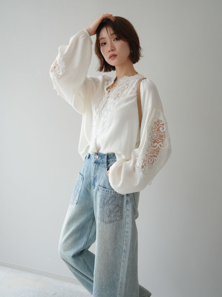 [予約]レーススリーブスキッパーブラウス/white