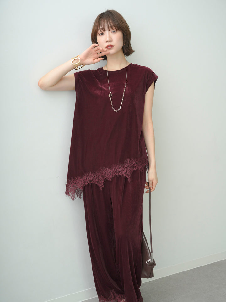 [予約]ベロアレースコンビアシメノースリトップス/bordeaux