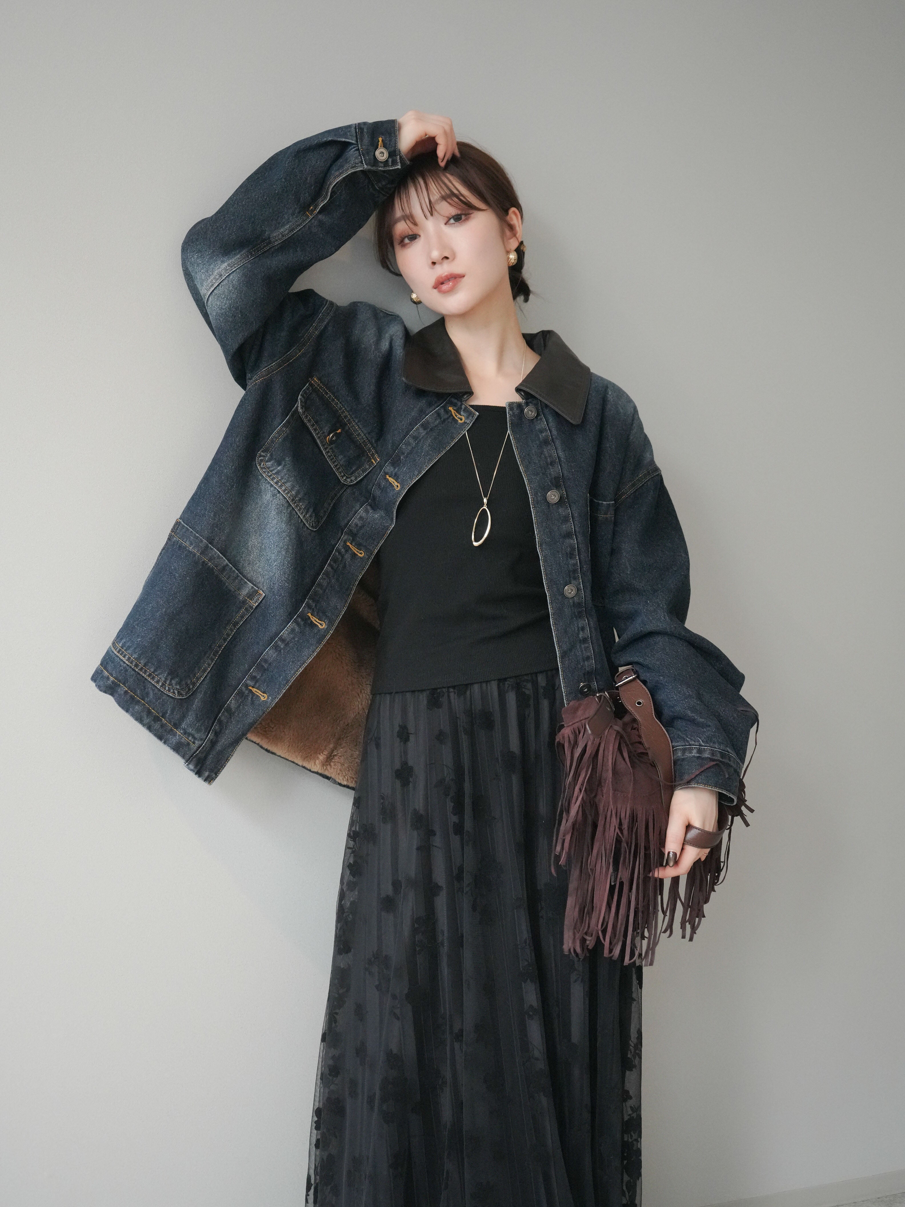 FILA コーデュロイ ジャケット スカート セット SET]裏地ファーデニムフライトジャケット+フラワーフロッキーチュール