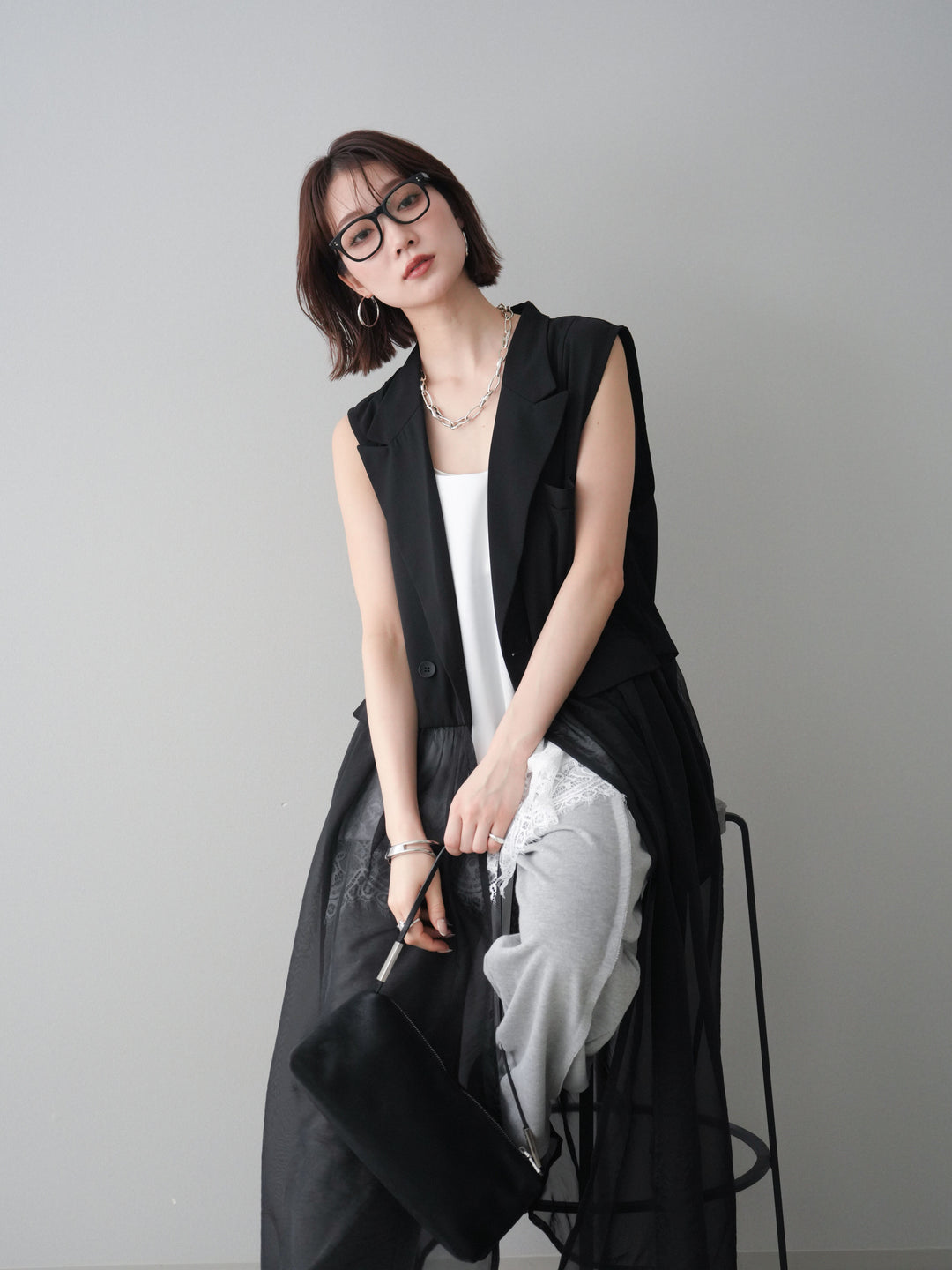 [SET]シアーレイヤードテーラードロングジレ+レーストリムキャミソール+2WAYデザインスウェットパンツ(3set)