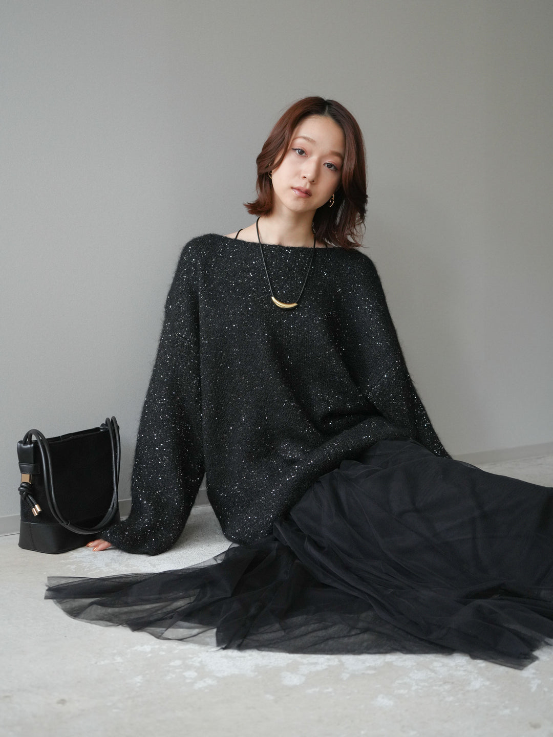 [予約]スパンコールミニシャギーニットチュニック/black