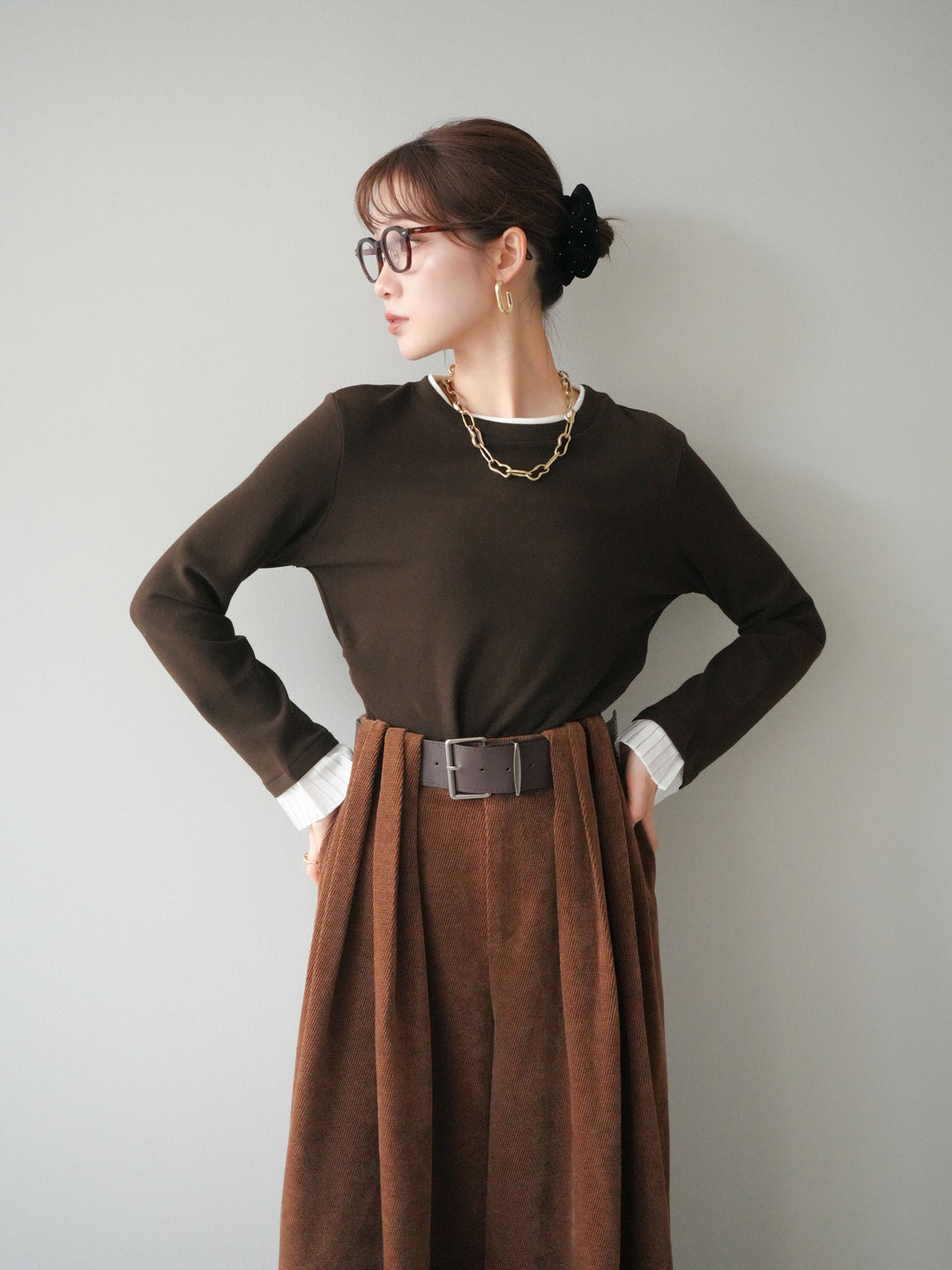[予約]袖プリーツ配色レイヤードトップス/brown