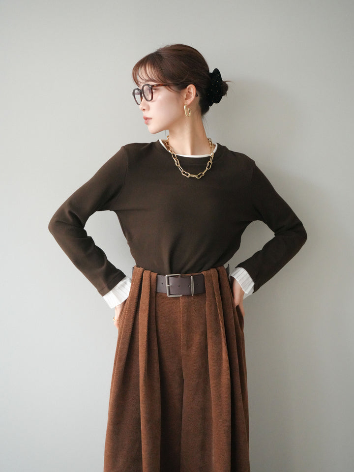 [予約]袖プリーツ配色レイヤードトップス/brown