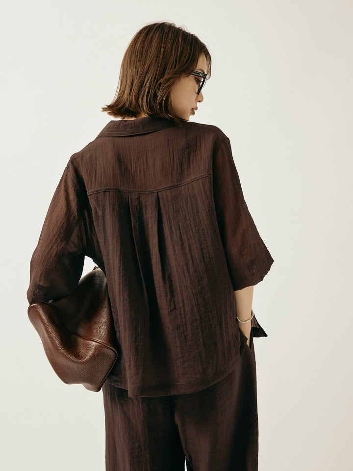 【Allure】[SET]シャイニースラブシアー開襟ハーフシャツ+シャイニースラブシアーワイドパンツ(2set)