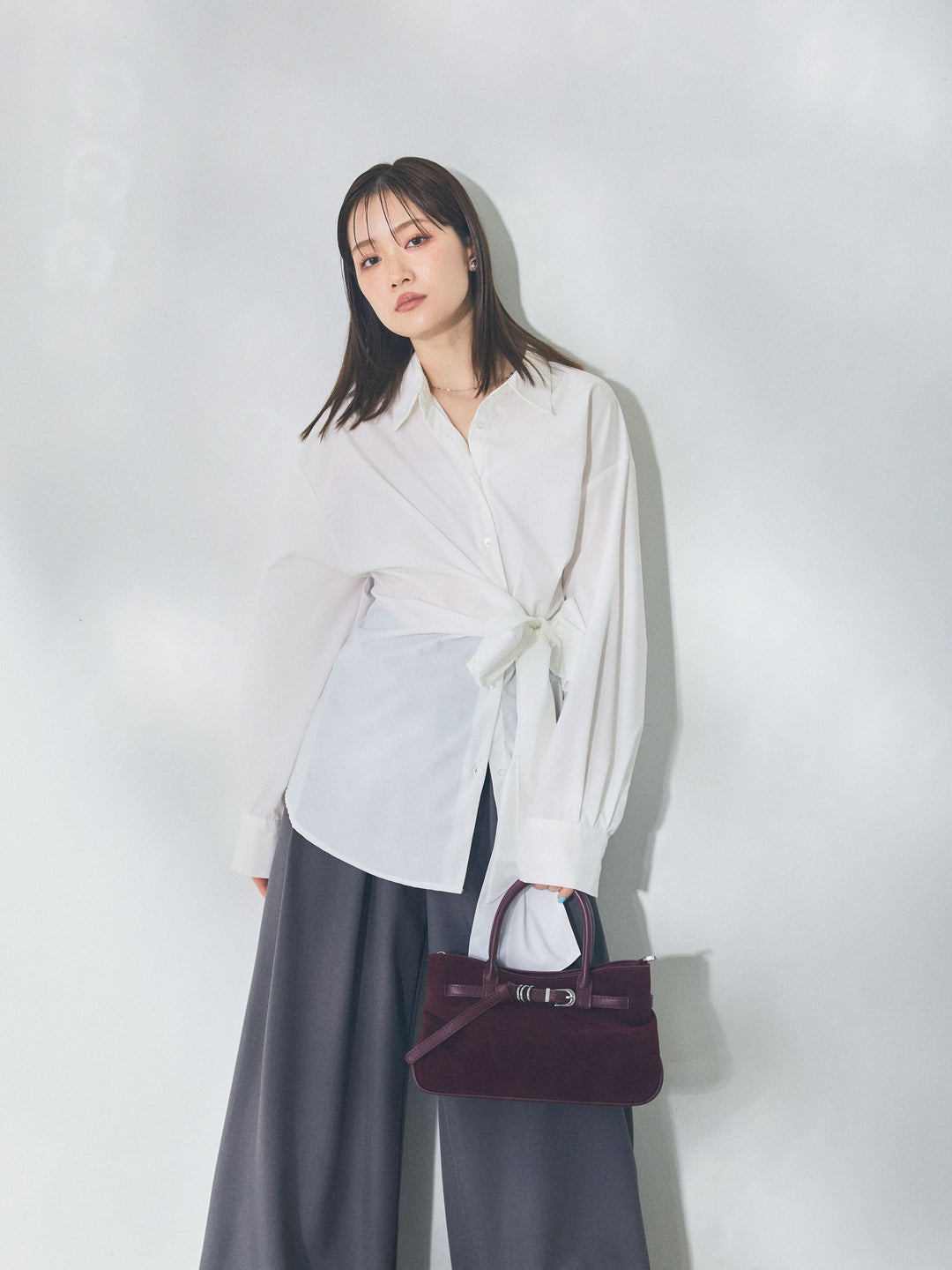 【Allure】[SET]ウエストアシメリボンシャツ+ベルトループデザインワイドパンツ(2set)