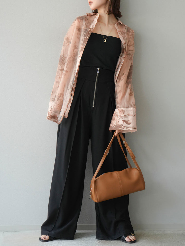 [予約]チュールドッキングフラワー柄オーバーサイズシャツ/ブラウン