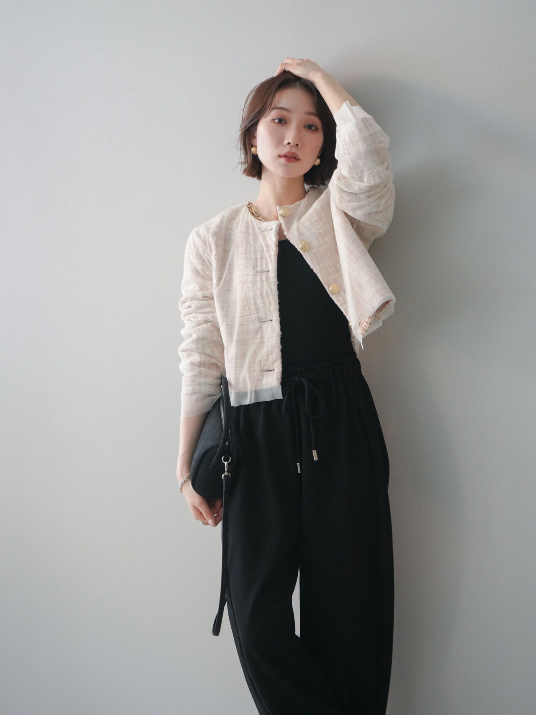 [予約]チュールレイヤードツイードクロップドジャケット/orange