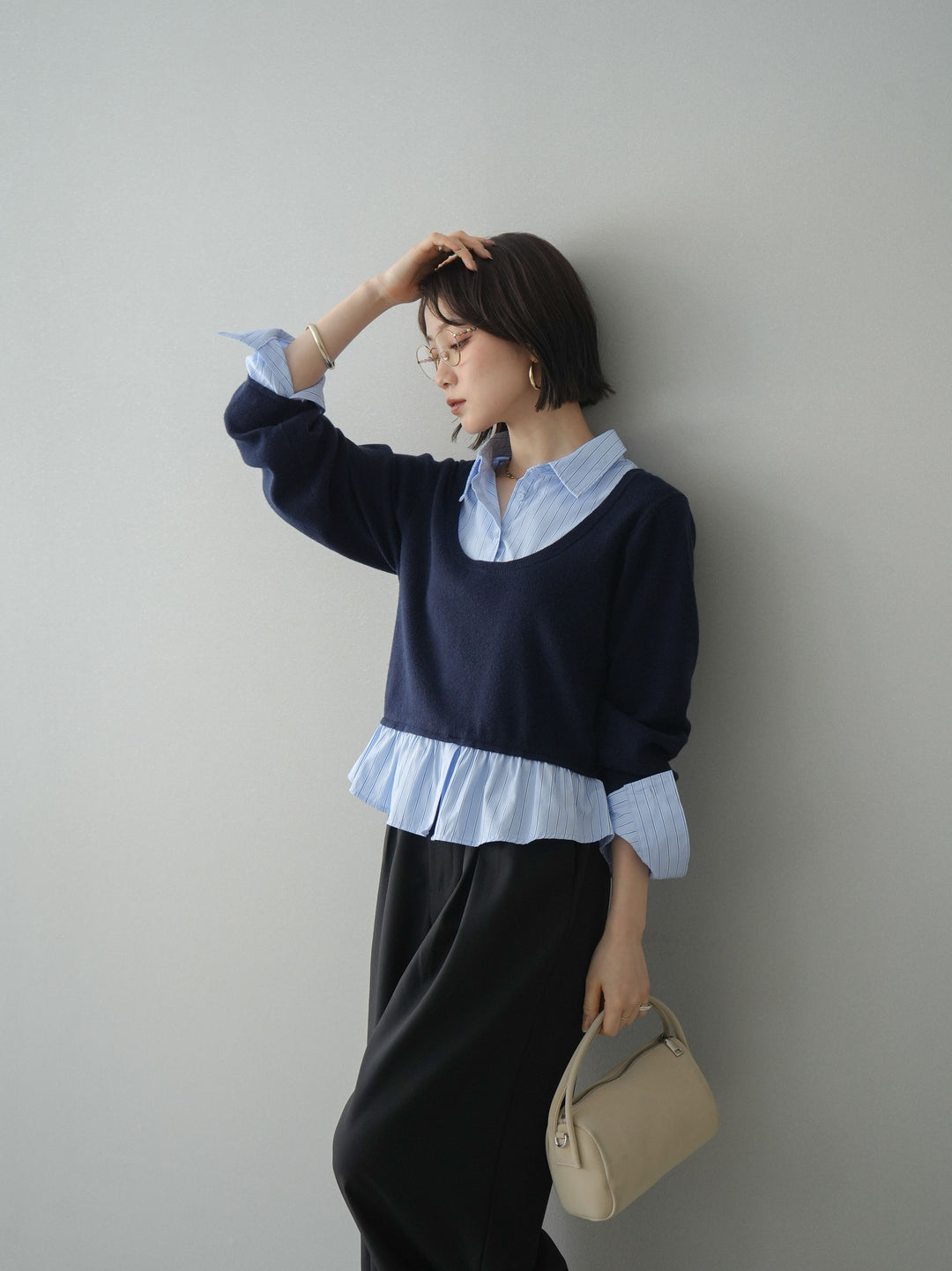 [予約]ストライプシャツUネックドッキングニットプルオーバー/navybluestripeB