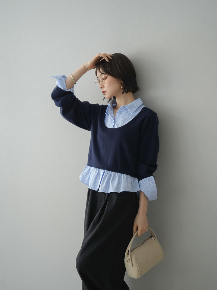 [予約]ストライプシャツUネックドッキングニットプルオーバー/navybluestripeB