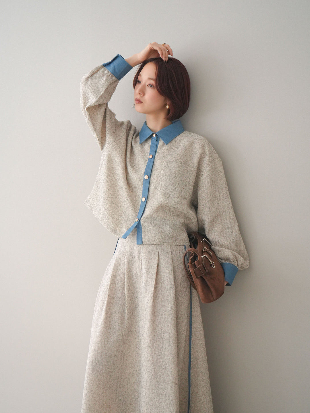 [SET]異素材サマーツイードシャツ+異素材サマーツイードタックフレアスカート(2set)
