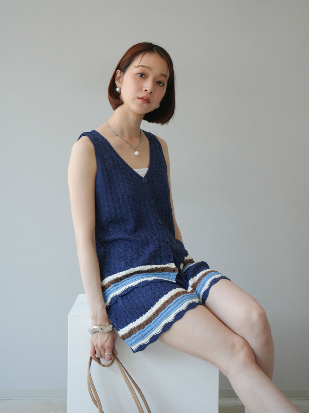 [SET]裾マルチボーダーニットベスト＆ショートパンツ SET UP(2set)