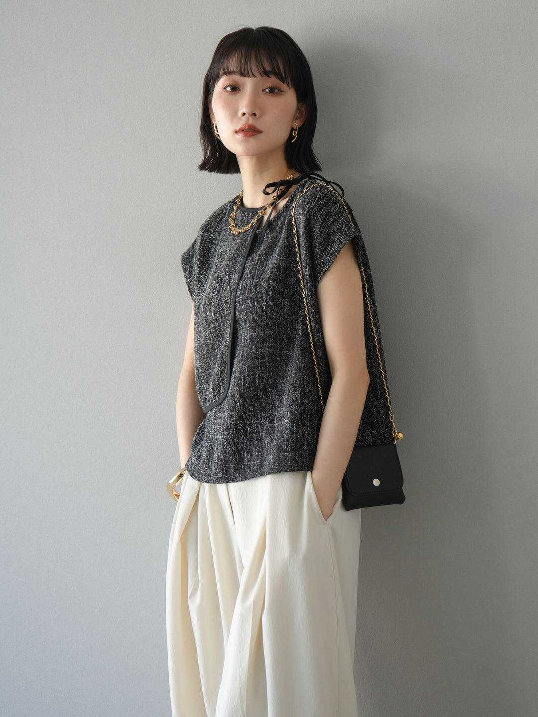 [SET]サマーツイードケープデザインプルオーバー+クレープシフォンタックワイドパンツ(2set)