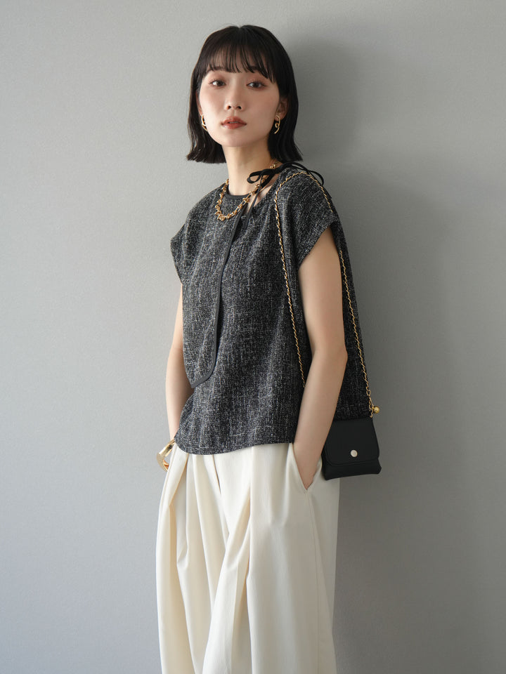 [SET]サマーツイードケープデザインプルオーバー+クレープシフォンタックワイドパンツ(2set)