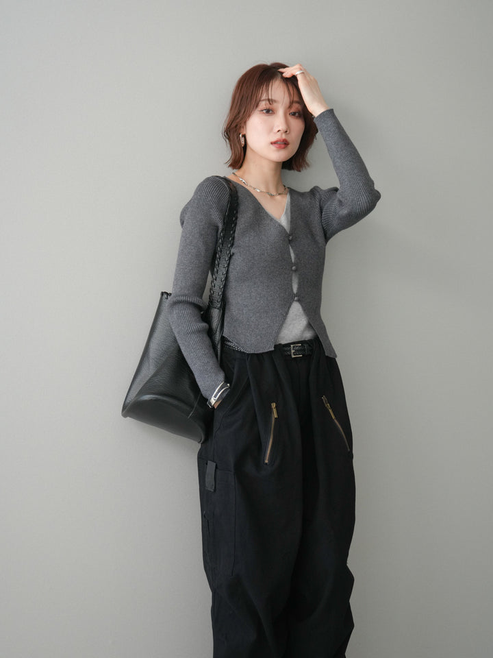 [予約]Vネック配色レイヤードスリットニットトップス/charcoal