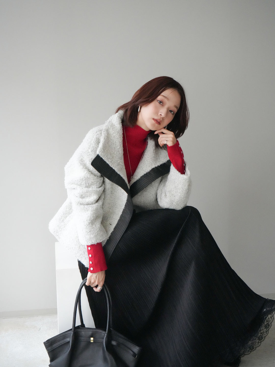 [SET]レザー切替ブークレブルゾン+袖ボタンボトルネックリブニットトップス+裾レーススウェードプリーツマキシスカート(3set)